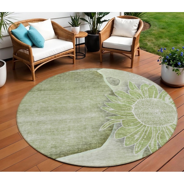 Homeroots 8' Artichoke Green And Gray Round Floral Washable Indoor Outdoor Area Rug 582232 - main