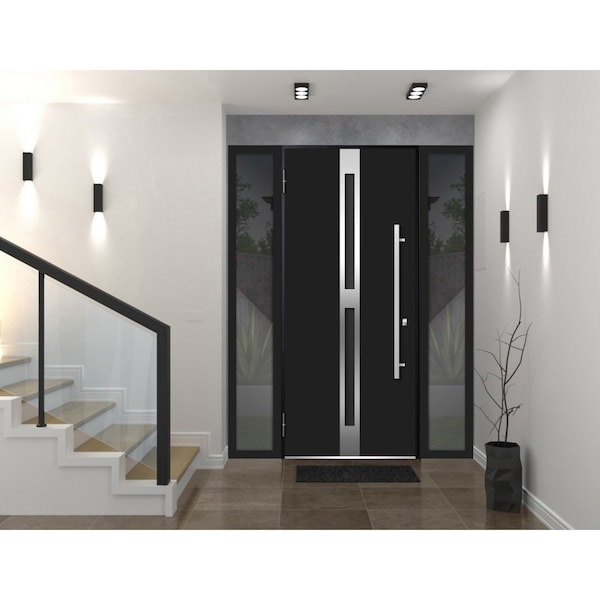 Vdomdoors Steel Door Deux 1755 Black Enamel 2 Sidelight Exterior Windows Stainless Inserts Single Modern Pain DEUX1755EXD-BLK-W16+36+16 x H80-Right-hand Inswing - main