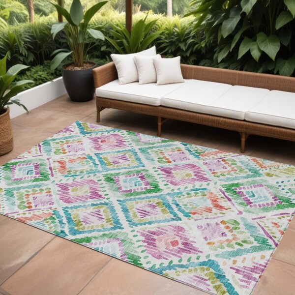 Homeroots 8' X 10' Teal Blue Green And Purple Geometric Washable Indoor Outdoor Area Rug 603487 - main