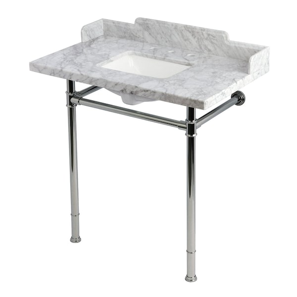 Kingston Brass 36-Inch Carrara Marble Console Sink with Stainless Steel Legs, 8-Inch, 3-Hole KMS36227M8SQ1 - main