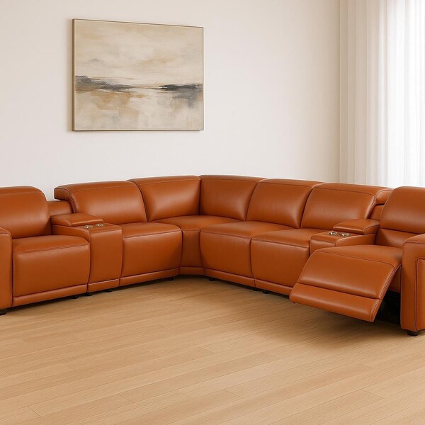 Homeroots Camel Italian Leather Modular L Shaped Eight Piece Corner Sectional With Console 534862 - main