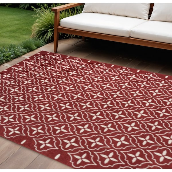 Homeroots 8' X 10' Brick Red And Ivory Geometric Indoor Outdoor Area Rug 573071 - main