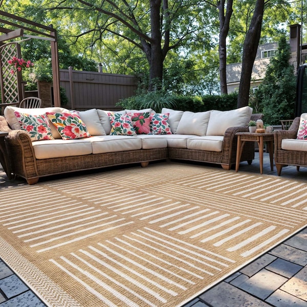 World Rug Gallery Contemporary Stripe Weather Resistant Reversible Indoor/Outdoor Rug 7 ft 10 in x 10 ft Natural WR113NATURAL8X10 - main