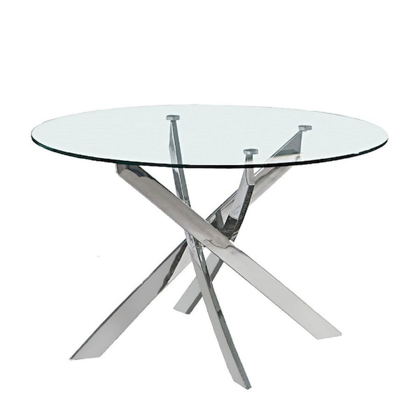 Homeroots 54" Clear and Silver Glass and Metal Cross Leg Base Round Top Dining Table 555137 - main
