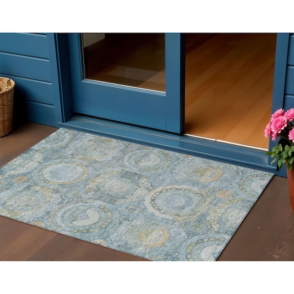 Homeroots 3' X 5' Blue And Gold Medallion Washable Indoor Outdoor Area Rug 616562 - main