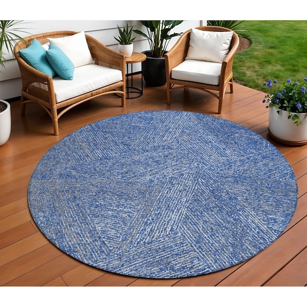 Homeroots 8' Navy Blue Gray And Ivory Round Abstract Washable Indoor Outdoor Area Rug 597030 - main