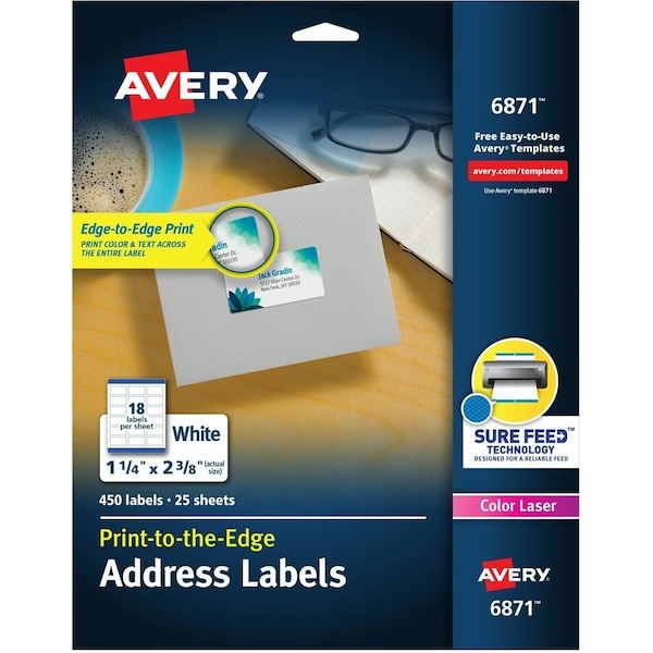 Avery Address Labels for Color Laser & Copier, 1-1/4 x 2-3/8, Matte White, 450/Pack 6871 - main