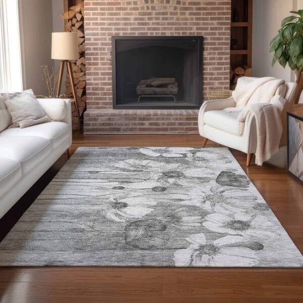 Homeroots 5' X 8' Gray Charcoal And Silver Floral Washable Indoor Outdoor Area Rug 582753 - main