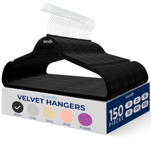 Serenelife Non-Slip Velvet Hangers, 150 Pieces Heavy Duty Cloth Hanger Set, 360 Deg Swivel Hook, Black, 150PK SLHVEL1150 - main