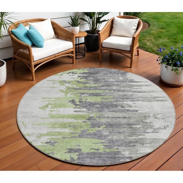 Homeroots 8' Green And Silver Round Abstract Washable Indoor Outdoor Area Rug 582388 - main