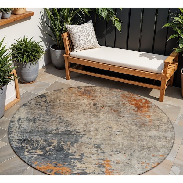 Homeroots 8' Khaki Gray And Copper Round Abstract Washable Indoor Outdoor Area Rug 606112 - main