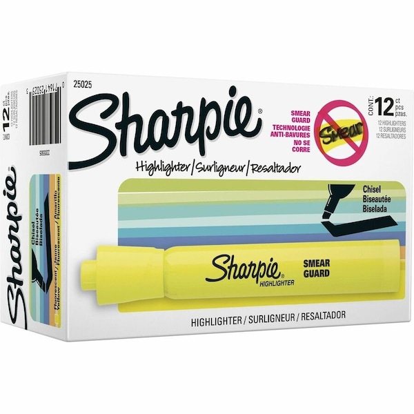 Sharpie Smear Guard Highlighter, Chisel Tip Fluorescent Yellow PK12 25025B - main