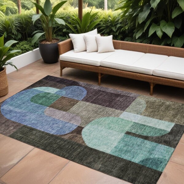 Homeroots 8' X 10' Brown Blue And Green Abstract Washable Indoor Outdoor Area Rug 604473 - main