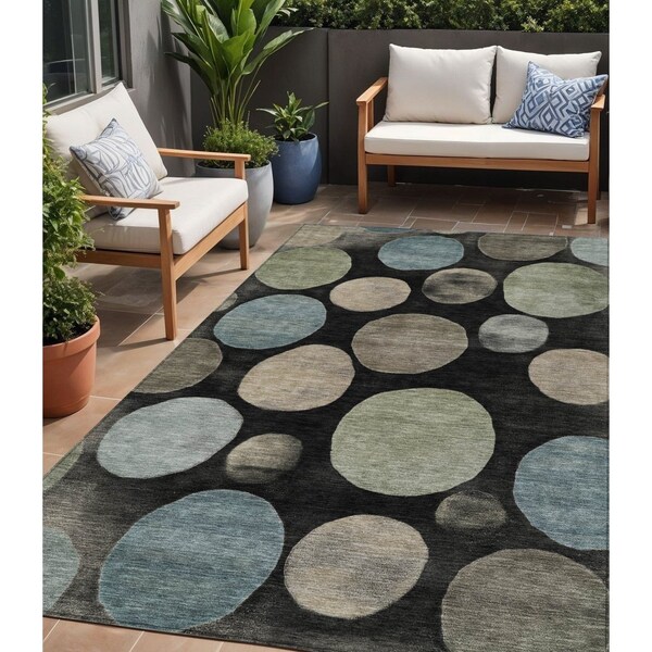 Homeroots 5' X 8' Black Fern Green And Teal Blue Geometric Washable Indoor Outdoor Area Rug 630556 - main