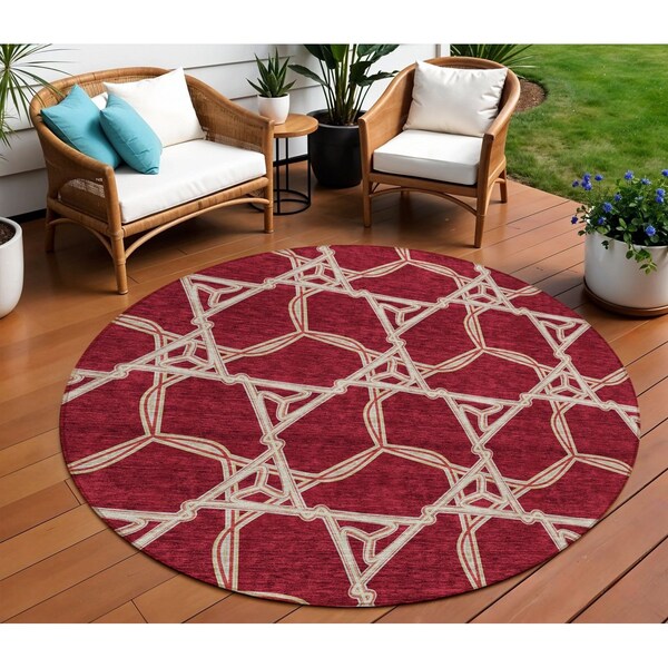 Homeroots 8' Burgundy And Gold Round Geometric Washable Indoor Outdoor Area Rug 613472 - main