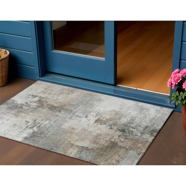 Homeroots 3' X 5' Ivory Gray And Khaki Abstract Washable Indoor Outdoor Area Rug 616832 - main