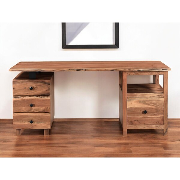 Homeroots 69" Brown Live Edge Solid Wood Writing Desk With Four Drawers 522095 - main