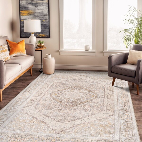 World Rug Gallery Beige Medallion Flat Pile Washable Rug - Pet Friendly, Non-Slip for Entryway and Bedroom 5 ftx7 ft WR170BEIGE5X7 - main