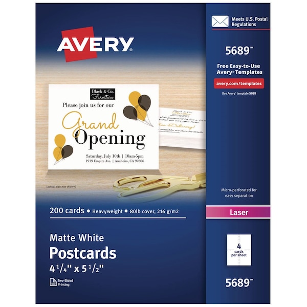 Avery Dennison 4-1/4 x 5-1/2" White Printable Postcard, Pk200 5689 - main