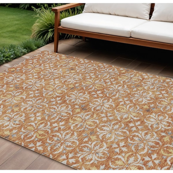 Homeroots 10' X 14' Copper Gray And Beige Floral Washable Indoor Outdoor Area Rug 595942 - main