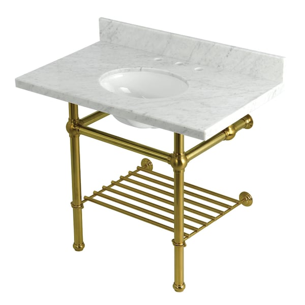 Kingston Brass 36-Inch Carrara Marble Console Sink with Brass Legs and Shelf, 8-Inch, 3-Hole KVPB3630MBB7 - main