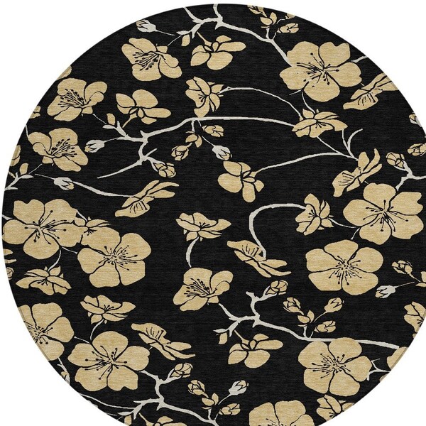 Homeroots 8' Black And Gold Round Floral Washable Indoor Outdoor Area Rug 599996 - main