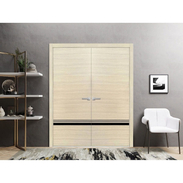Sartodoors Solid French Double Doors, Planum 0012 Natural Veneer and Aluminum Strips, Wood Solid Panel Frame T PLANUM0012DD-SHP-60 - main