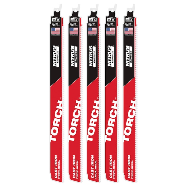 Milwaukee Tool 12 in. 8 TPI SAWZALL THE TORCH w/ NITRUS CARBIDE Reciprocating Saw Blade for Cast Iron & Metal, 5 PK 48-00-5563 - main