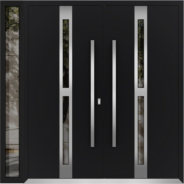 Vdomdoors Metal Double Doors Deux 1755 Black Enamel Opaque Black Glass 1 Sidelight Entry Modern Painted 86x96 DEUX1755DEXD-BLK-W72+14xH96-LH-I - main