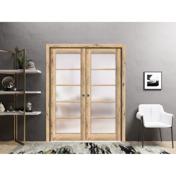 Sartodoors Sliding French Double Pocket Doors Frosted Glass Oak 60x96 (2* 30x96) Solid Core Modern Interior QUADRO4002DP-DUB-6096 - main