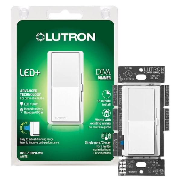 Lutron Diva White 150 W Rocker Dimmer/Paddle Switch DVCL-153PH-WH - main