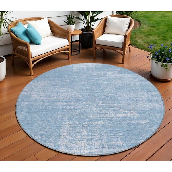 Homeroots 8' Navy Blue And Sky Blue Round Abstract Washable Indoor Outdoor Area Rug 588770 - main