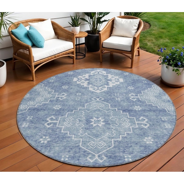 Homeroots 8' Navy Blue And Denim Blue Round Medallion Washable Indoor Outdoor Area Rug 589034 - main