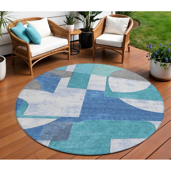 Homeroots 8' Teal Blue And Ivory Round Geometric Washable Indoor Outdoor Area Rug 617928 - main