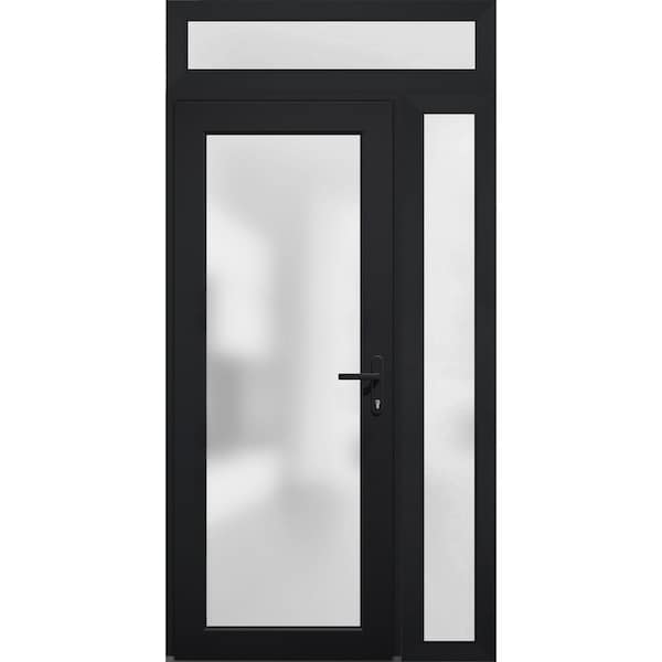 Vdomdoors Front Exterior Prehung FiberGlass Door Frosted Glass / Manux 8102 Matte Black / Sidelight and Trans MANUX8102EXD-BLK-W30+12 x H80+14-LH - main