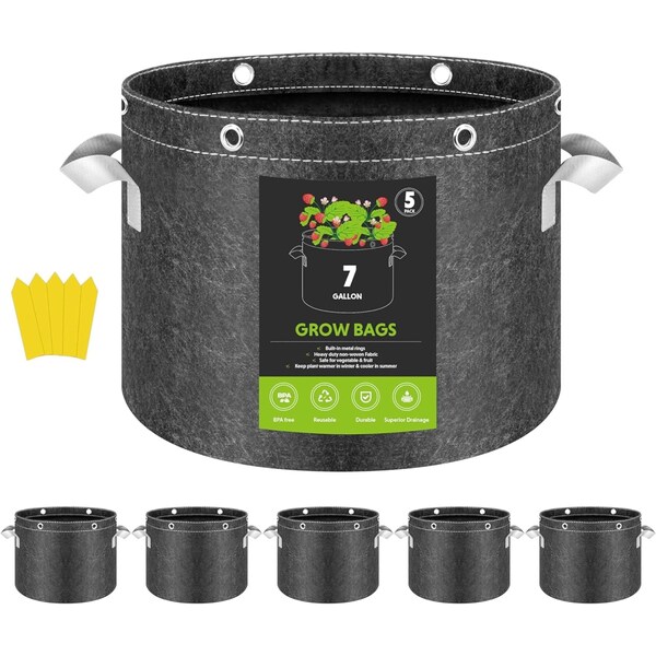 Ipower InfiniPower 7 Gallon Plant Grow Bags, 400G Thick Nonwoven Fabric Pots, 5PK GLGROWBAG7X5GRY - main