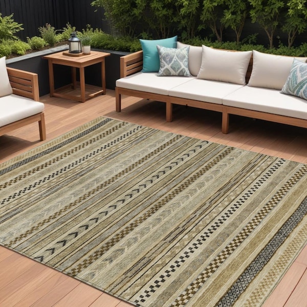 Homeroots 10' X 14' Chocolate And Taupe Striped Washable Indoor Outdoor Area Rug 615337 - main