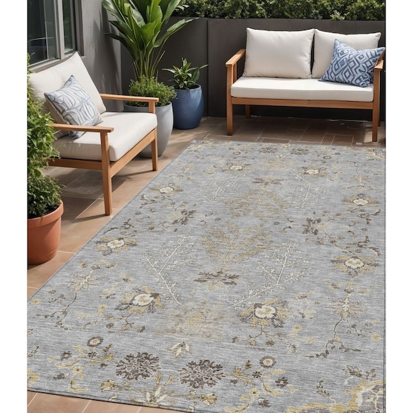Homeroots 5' X 8' Gray Beige And Ivory Floral Washable Indoor Outdoor Area Rug 605474 - main