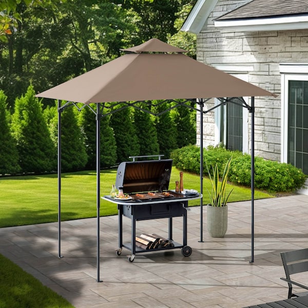 Sunjoy 8ft x 5ft Double Roof Beige Pop up Grill Gazebo with Portable Bag and Remote Control Light A103006110 - main