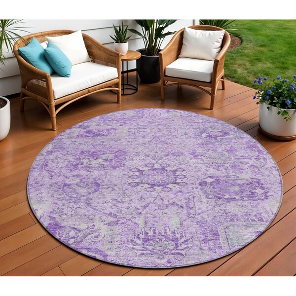 Homeroots 8' Lavender And Gray Round Damask Washable Indoor Outdoor Area Rug 603769 - main