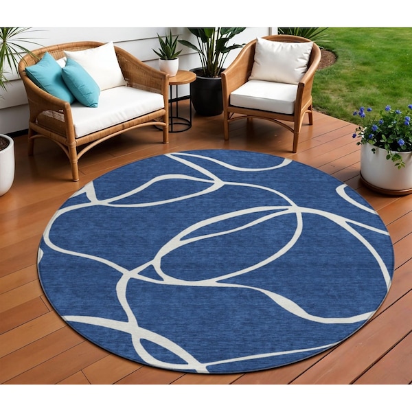 Homeroots 8' Navy Blue And Ivory Round Abstract Washable Indoor Outdoor Area Rug 597495 - main