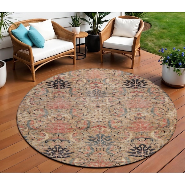 Homeroots 8' Khaki Terra Cotta And Black Round Damask Washable Indoor Outdoor Area Rug 603319 - main