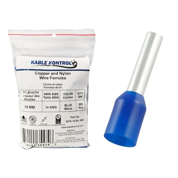 Kable Kontrol Wire Ferrules, Nylon Insulated, Single, 14 AWG, Pin Size 10 mm, Blue, 500 Pcs, 500PK WFS-14-BL-500 - main