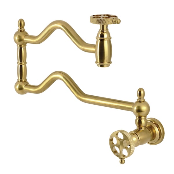 Kingston Brass Wall Mount Pot Filler Faucet with Knurled Handle, Brushed Brass KS2107RKX - main