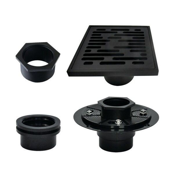 Kingston Brass 4" Brass Square Grid Shower Drain with Hair Strainer and Base Flange, Matte Black BSFK6310MB - main