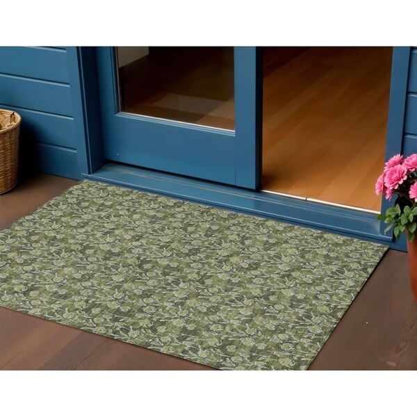 Homeroots 3' X 5' Olive Green Artichoke Green And Ivory Floral Washable Indoor Outdoor Area Rug 581912 - main