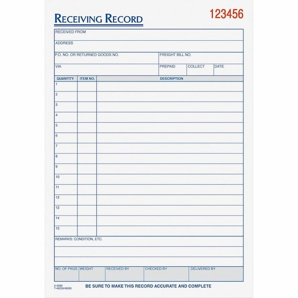 Tops Business Forms Tops Receiving Record Book, 3-Part Carbonless, 5-9/16" x 8-7/16", White/Canary, 50 Sets/Book 46260 - main