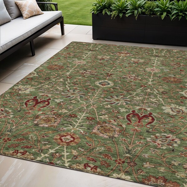 Homeroots 5' X 8' Fern Green Brown And Red Floral Washable Indoor Outdoor Area Rug 603414 - main