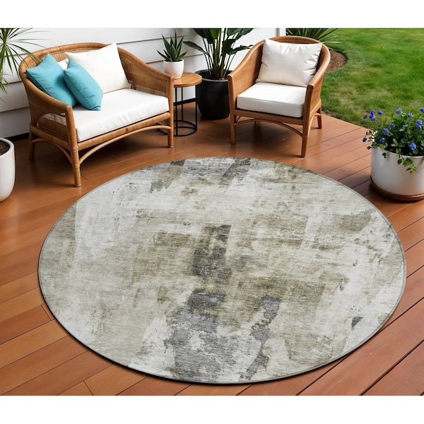 Homeroots 8' Taupe Ivory And Gray Round Abstract Washable Indoor Outdoor Area Rug 603151 - main