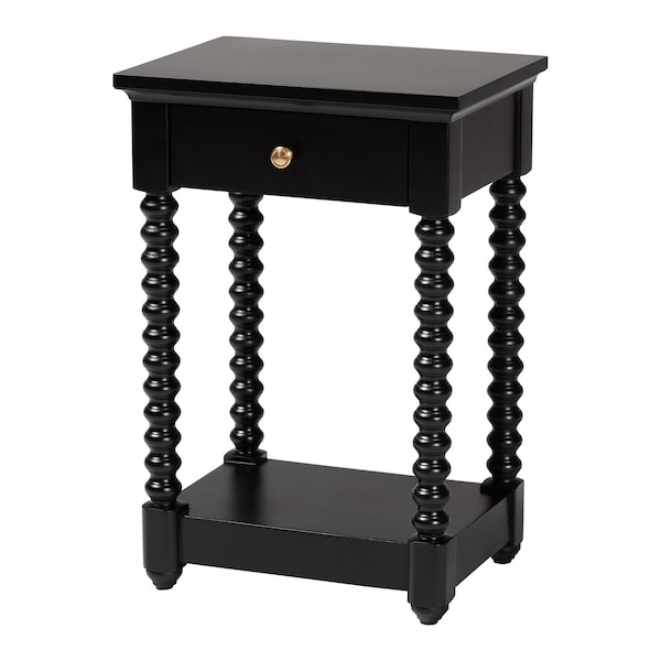 Baxton Studio Terentia Nightstand with Bobbin Legs - 1-Drawer Bedroom Side Table with Storage Shelf, Black 266-14634-ZORO - main